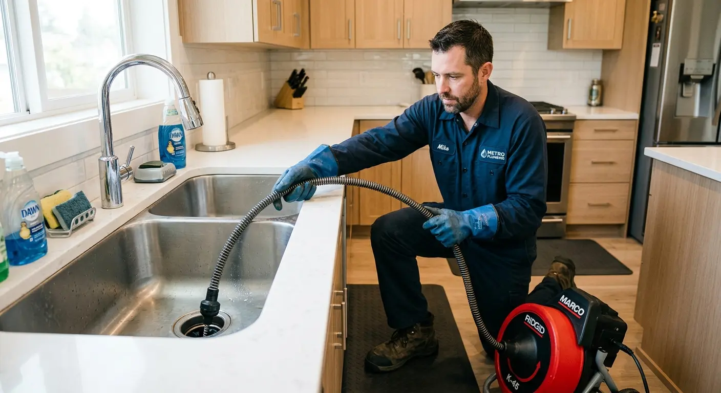 Drain cleaning technician using a motorized snake on a kitchen sink in Richland
