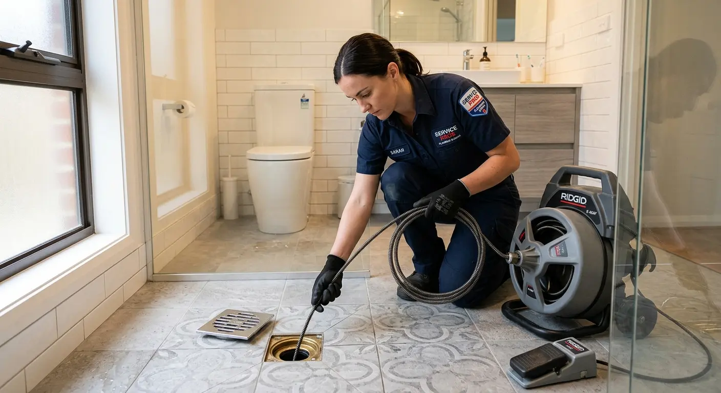 Technician clearing a bathroom floor drain for Clogged Drain Repair in Richland